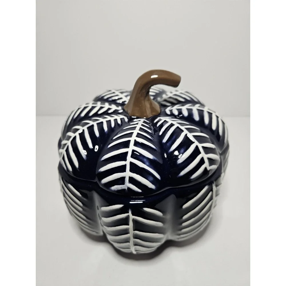 Blue White Ceramic Pumpkin Lidded Candy Dish Jar Thanksgiving Fall Decor 7in